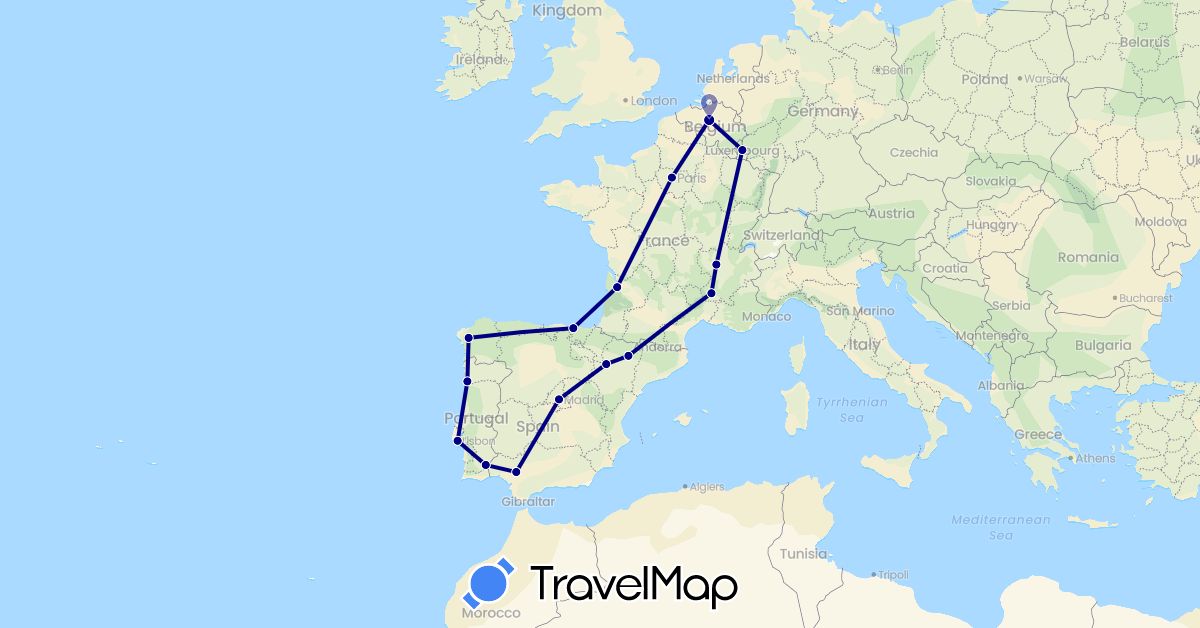 TravelMap itinerary: driving in Belgium, Spain, France, Luxembourg, Portugal (Europe)